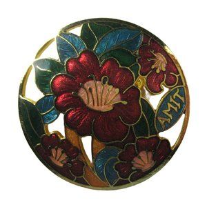 AMIT Brooch Pendant Enamed Pin Floral Flower Anemone Signed 1.4 inch Open Work